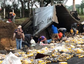 Peatones se roban mercadería de trailer accidentado