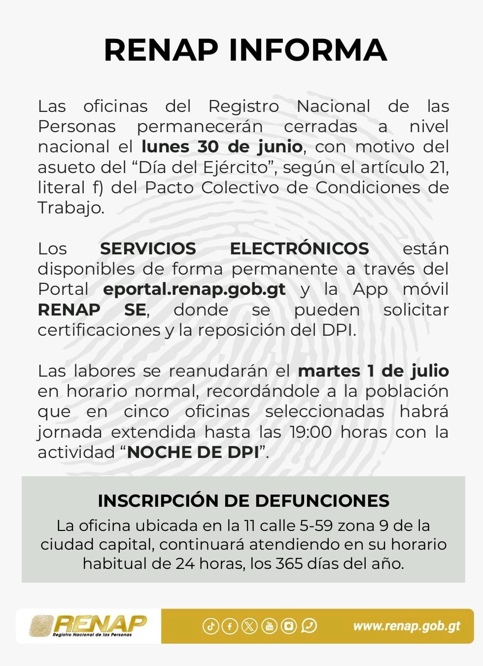 RENAP suspende labores por asueto del Día del Ejército | La Voz de Guate